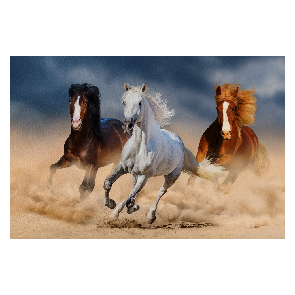 Three horse with long mane run gallop in desert