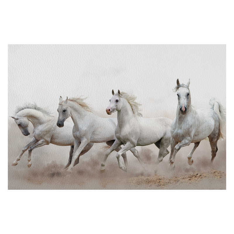 White horse run in snow field against dark background