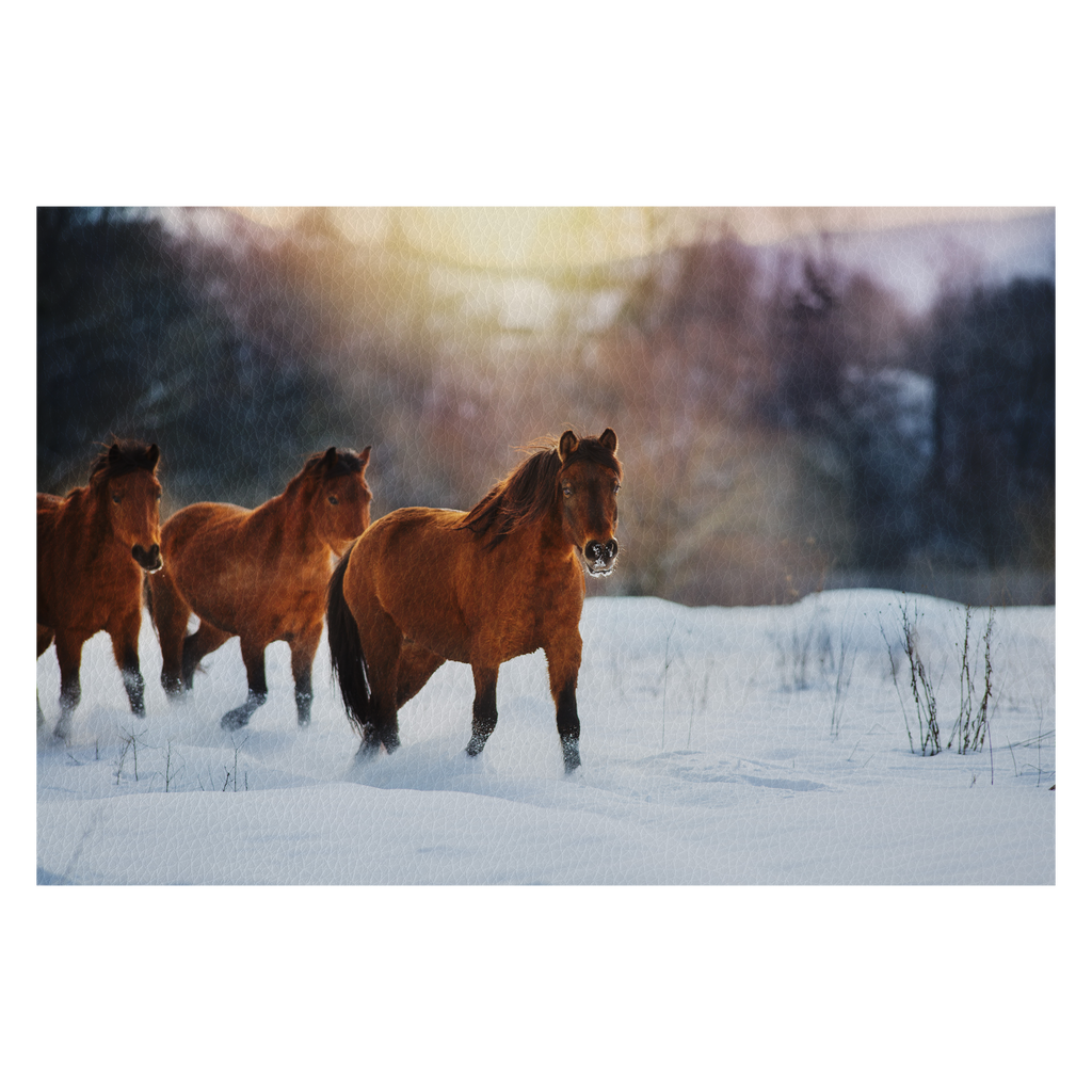 Bay horse herd in winter landscape at sunset