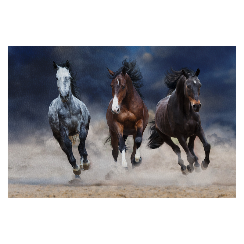 Horse herd run free on desert dust against storm sky