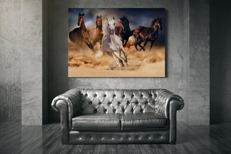 Horse herd run in desert sand storm against dramatic sky