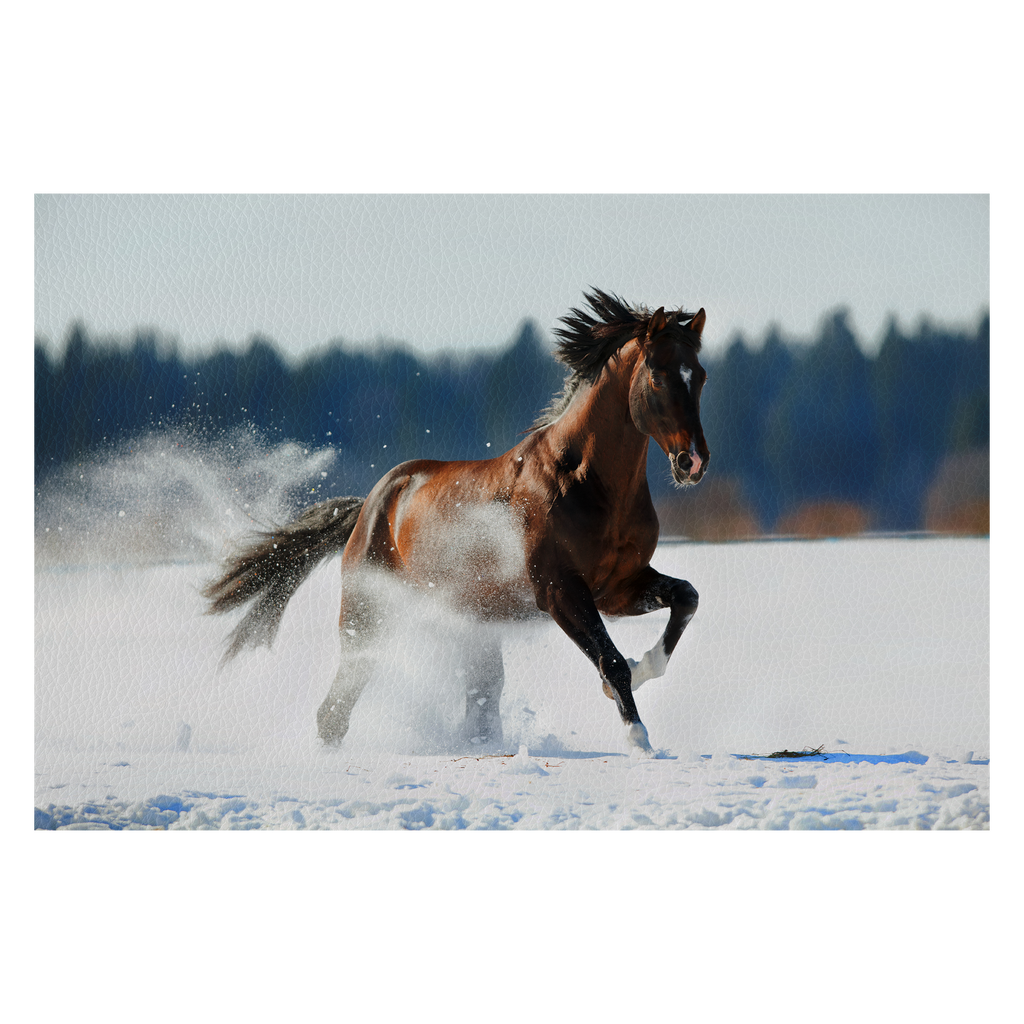 Brown horse runs in winter landscape