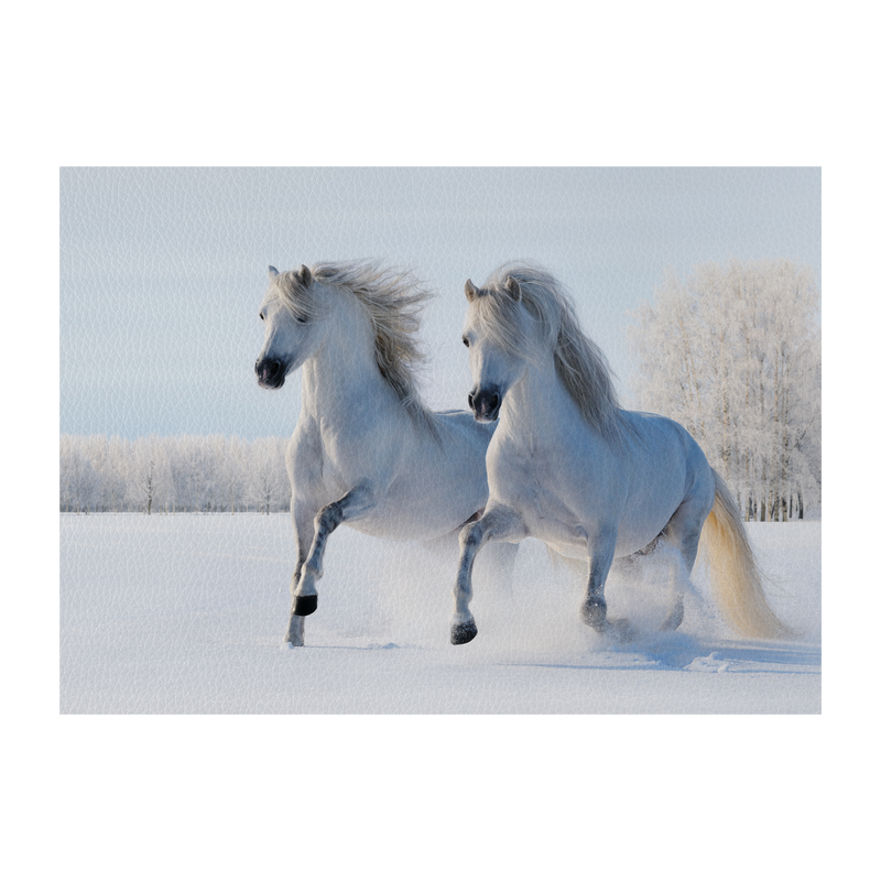 Two white horses gallop on snow field