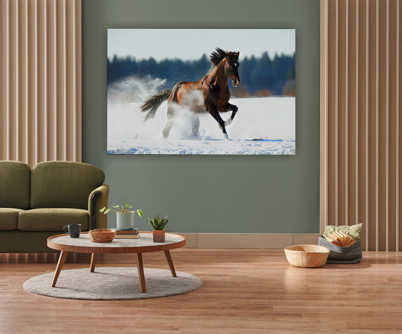 Brown horse runs in winter landscape