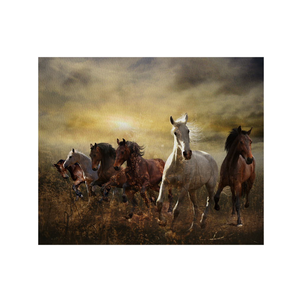 Herd of horses galloping free at sunset