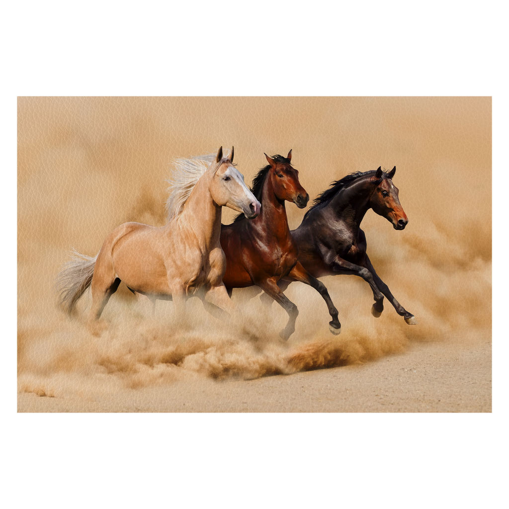 Three horse run in desert sand storm