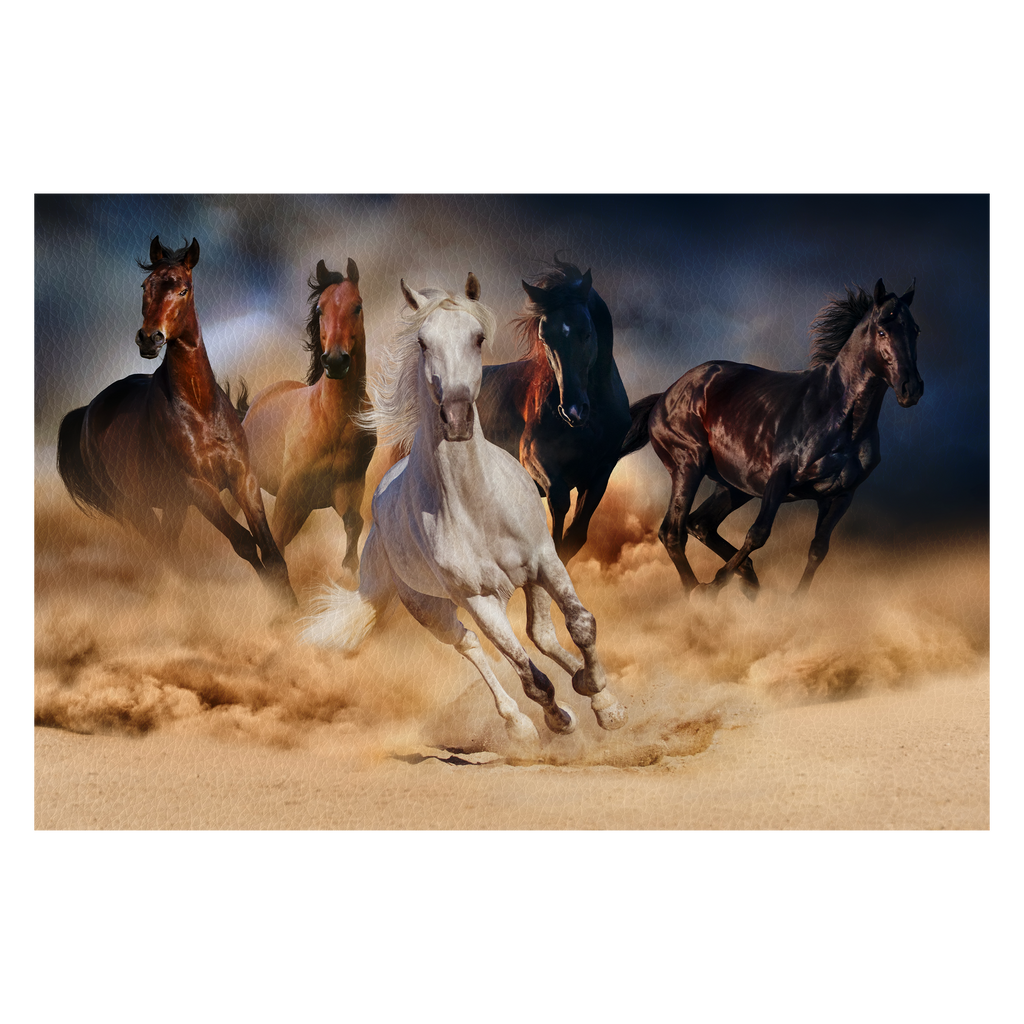 Horse herd run in desert sand storm against dramatic sky